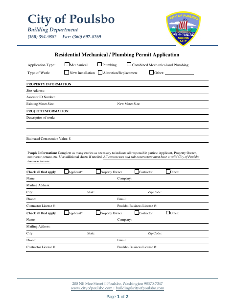 First page of the Residential Mechanical / Plumbing Permit Application