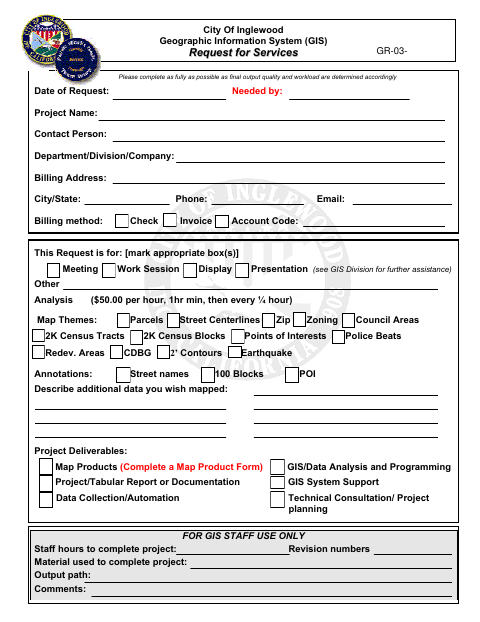 First page of the GIS Request for Services