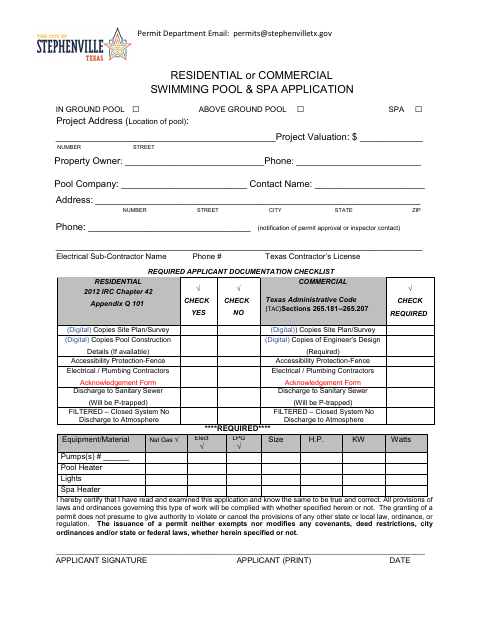 First page of the Residential or Commercial Swimming Pool & Spa Application