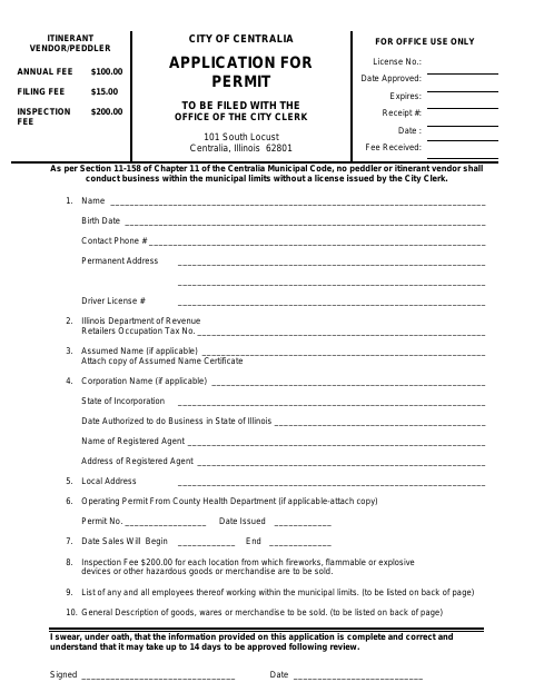 First page of the Itinerant Vendor/Peddler Permit Application