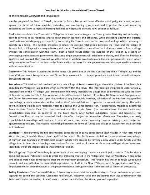 First page of the Combined Petition for a Consolidated Town