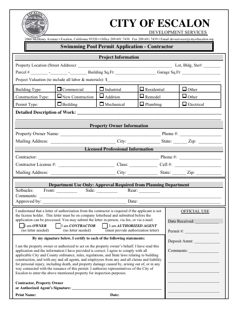 First page of the Swimming Pool Permit Application - Contractor
