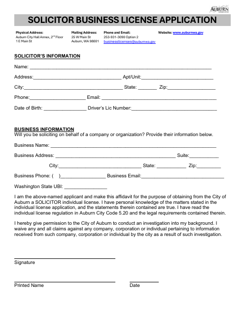 First page of the Solicitor Business License Application