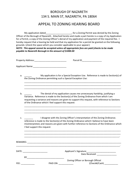 First page of the Appeal to Zoning Hearing Board