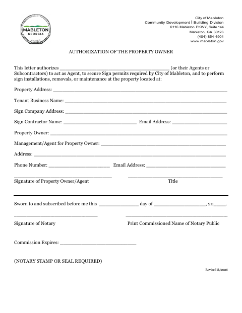 First page of the Property Owner Authorization for Sign Permits