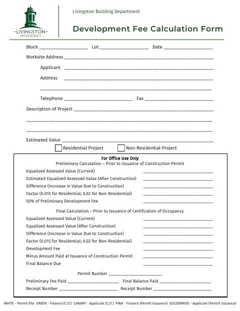 First page of the Development Fee Calculation Form