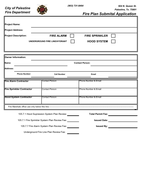 First page of the Fire Plan Submittal Application