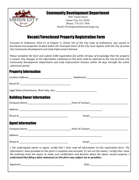 First page of the Vacant/Foreclosed Property Registration Form