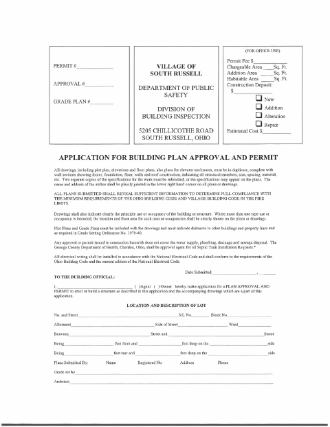 First page of the Commercial Plan Approval and Building Permit Application