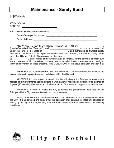 First page of the Wetlands Maintenance Surety Bond