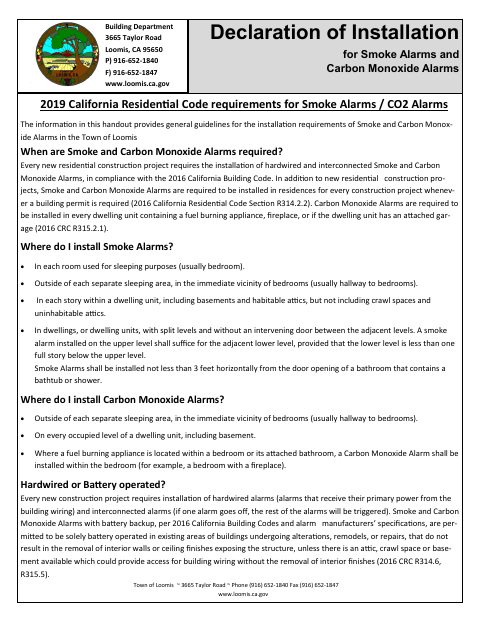 First page of the Declaration of Installation for Smoke Alarms and Carbon Monoxide Alarms