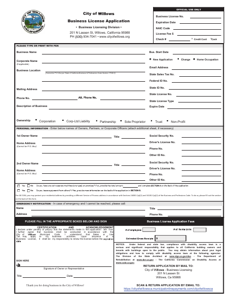 First page of the Business License Application