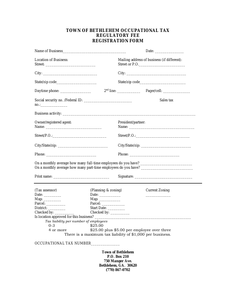 First page of the Occupational Tax Regulatory Fee Registration Form