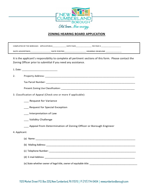 First page of the Zoning Hearing Board Application