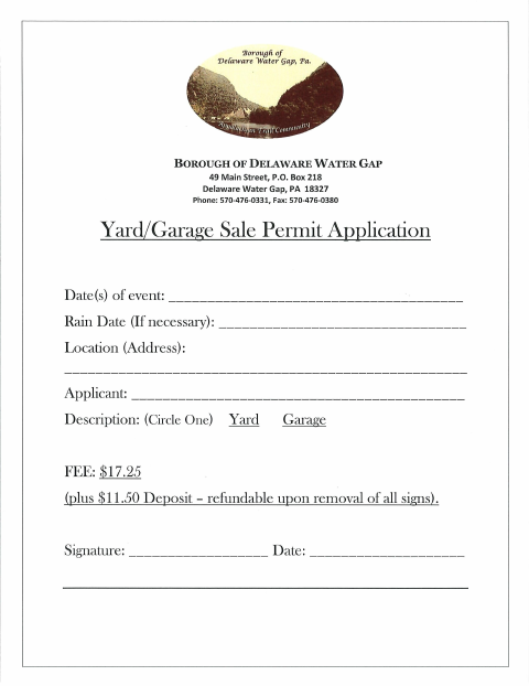 First page of the Yard/Garage Sale Permit Application