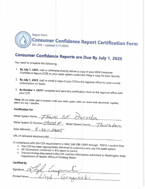 First page of the Consumer Confidence Report Certification Form 2025