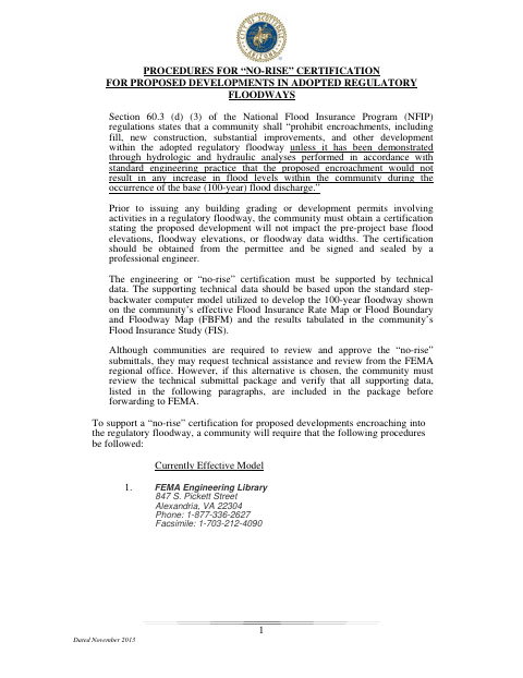 First page of the Certification of No-Rise for Development in Regulatory Floodways