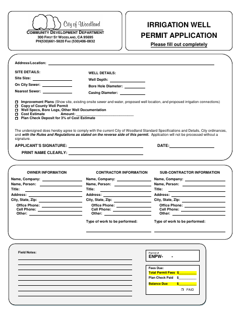 First page of the Irrigation Well Permit Application