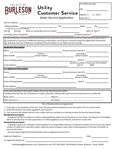 First page of the Water Service Application