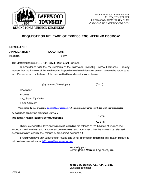 First page of the Request for Release of Excess Engineering Escrow