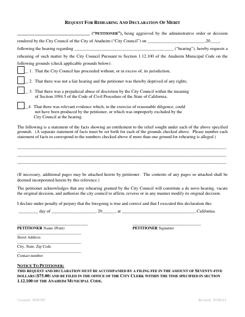 First page of the Request for Rehearing and Declaration of Merit