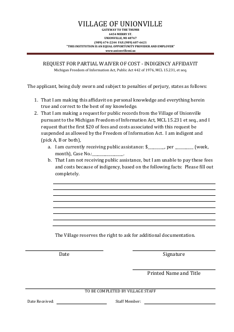 First page of the Request for Partial Waiver of Cost – Indigency Affidavit