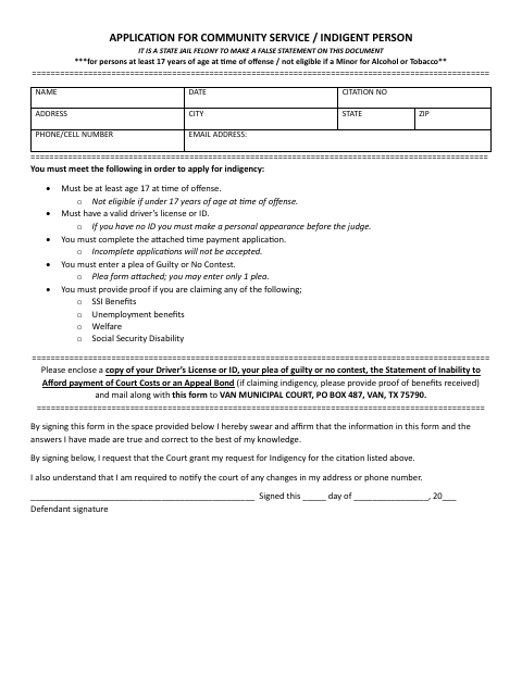First page of the Application for Community Service / Indigent Person