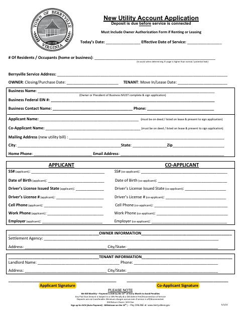 First page of the New Utility Account Application