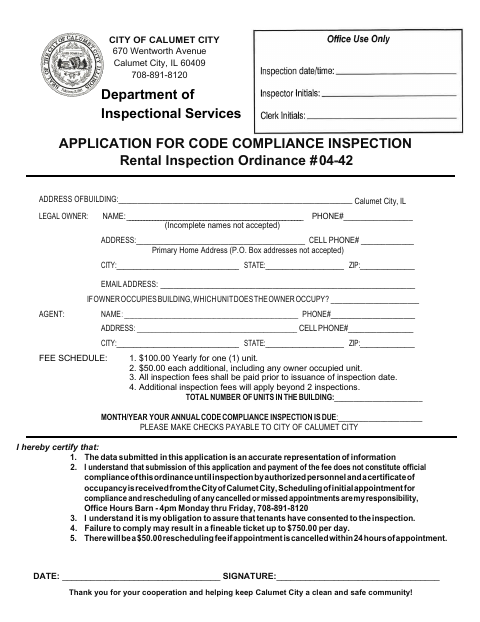 First page of the Application for Code Compliance Inspection (Rental)