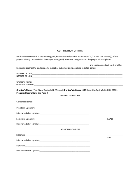 First page of the Certification of Title