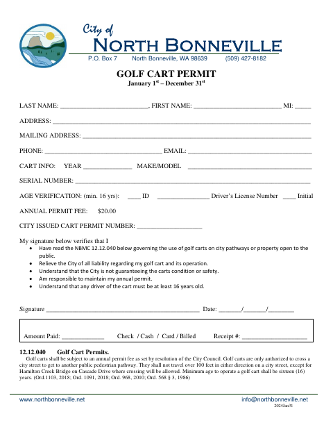 First page of the Golf Cart Permit