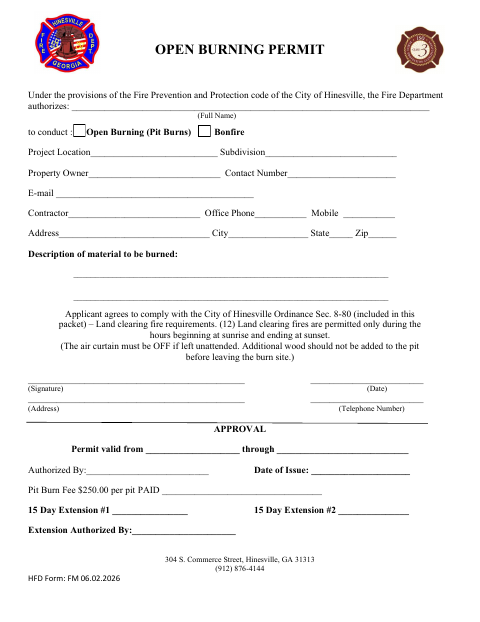 First page of the Open Burning Permit