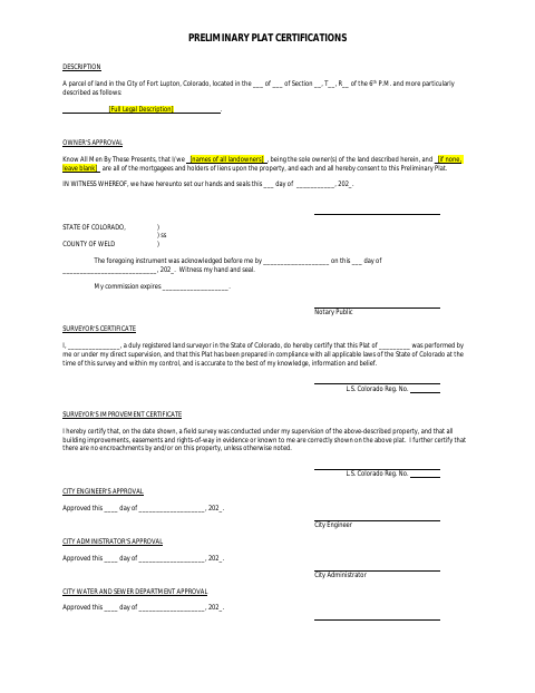 First page of the Preliminary Plat Certifications