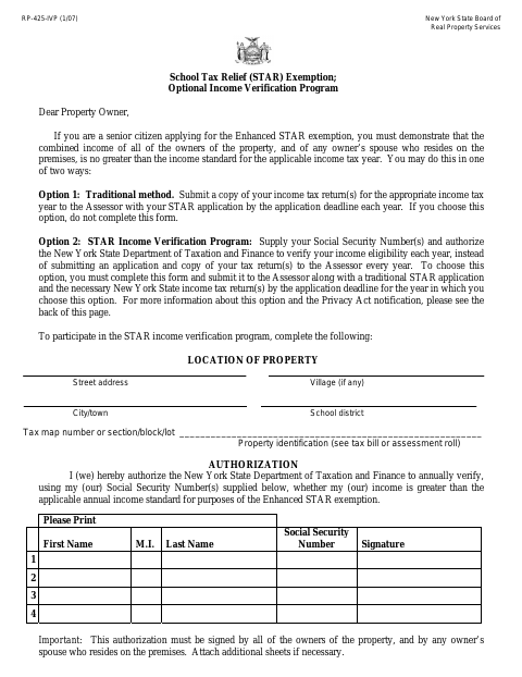 First page of the STAR Income Verification Program Authorization