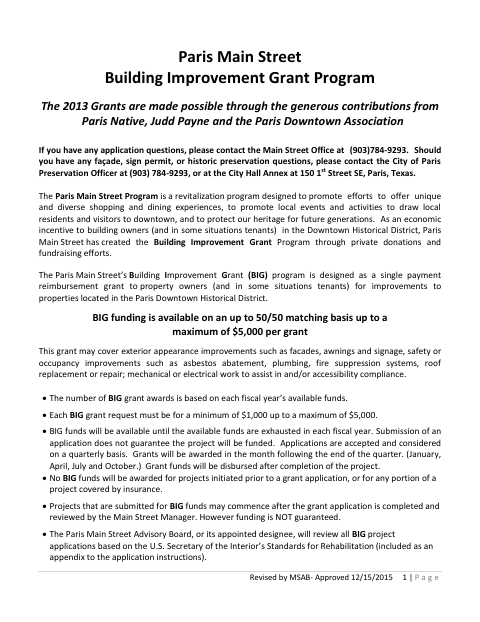 First page of the Main Street Building Improvement Grant Program Application