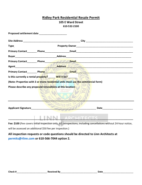 First page of the Residential Resale Permit