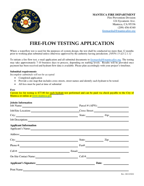 First page of the Fire-Flow Testing Application