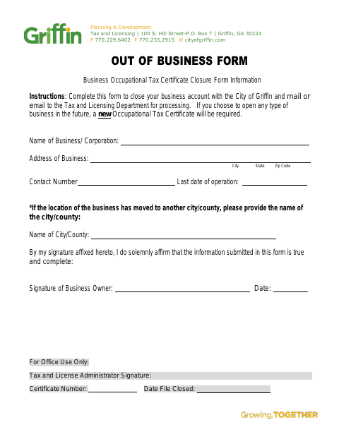 First page of the Out of Business Form
