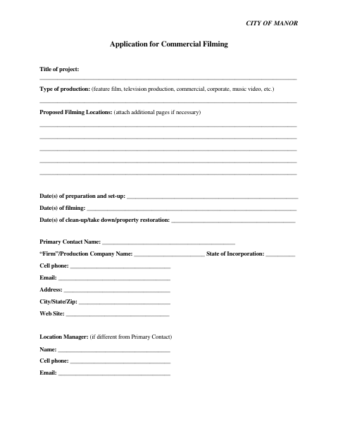 First page of the Application for Commercial Filming