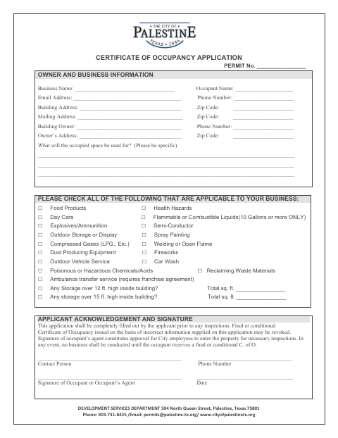 First page of the Certificate of Occupancy Application