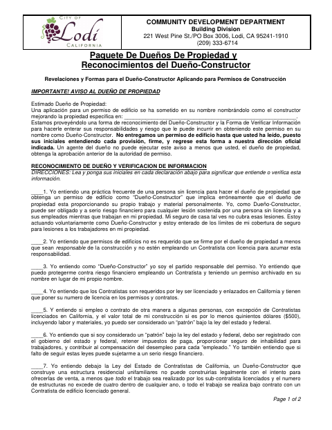 First page of the Owner-Builder Property Owner Package and Acknowledgments (Spanish)