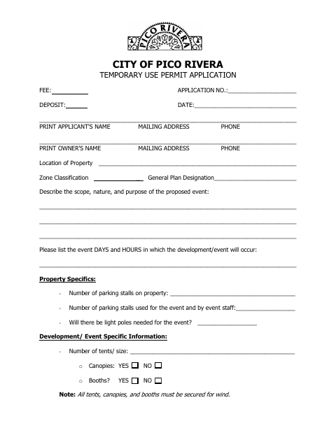 First page of the Temporary Use Permit Application
