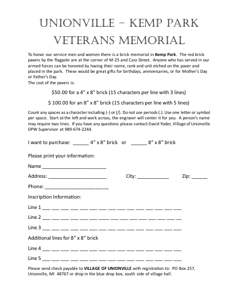 First page of the Kemp Park Memorial Brick