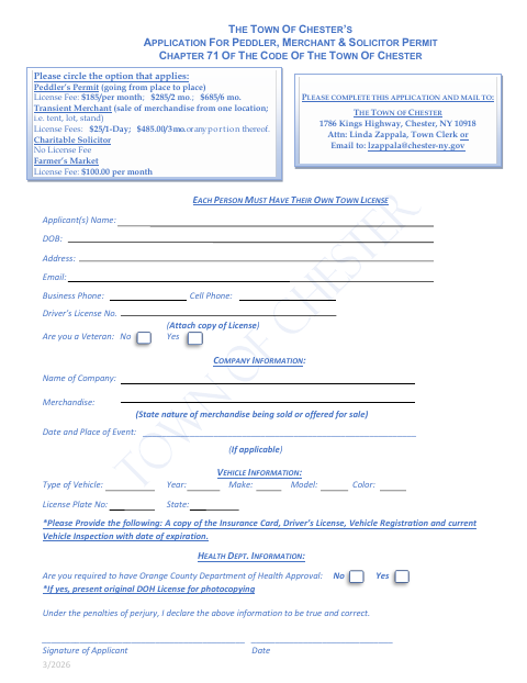 First page of the Peddlers, Merchants & Solicitors Permit Application