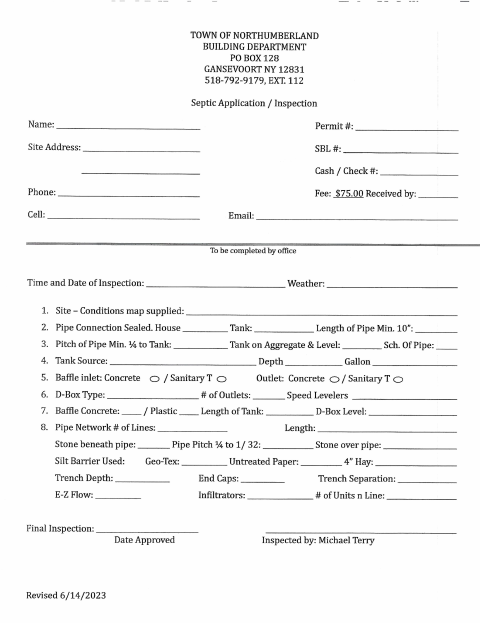 First page of the Septic System Building Permit and Inspection Application