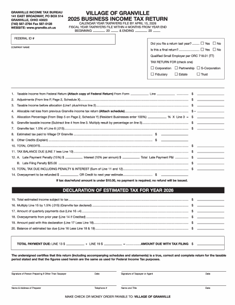 First page of the 2025 Business Income Tax Return & Declaration