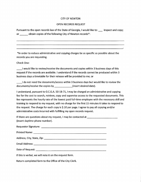 First page of the Open Records Request Form
