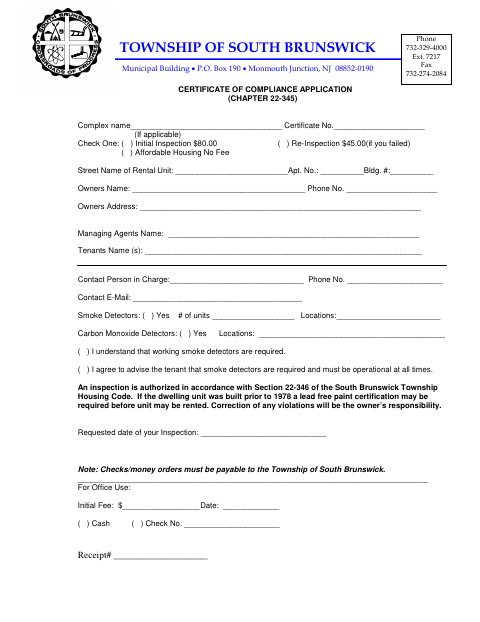 First page of the Certificate of Compliance Application