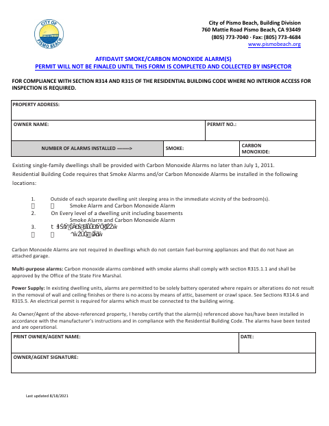 First page of the Smoke Detector Affidavit