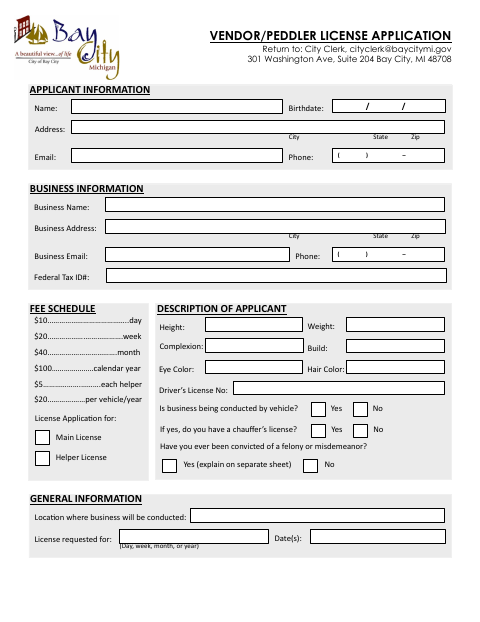 First page of the Vendor/Peddler License Application